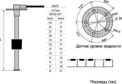 Поплавковые датчики уровня топлива Marine Rocket 275 мм, 240-33 Ом, S5