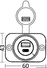 Двойной разъем USB Type A+C 12/24В выходы 5В 2,1А из чёрного полиамида Osculati