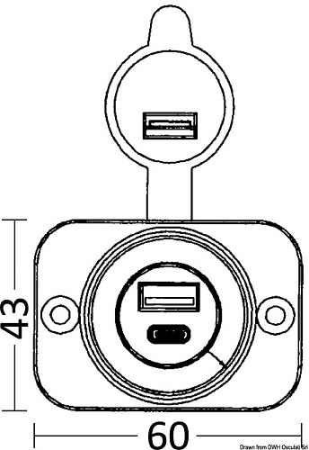 Двойной разъем USB Type A+C 12/24В выходы 5В 2,1А из чёрного полиамида Osculati